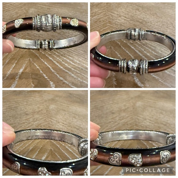 Brighton Brown Lucite Crystal Heart Hinged Bangle Bracelet Silver Plated - Picture 8 of 8